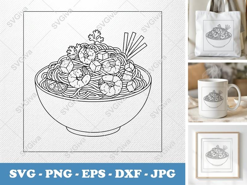 Pad Thai SVG | Clean Minimalist Design | Bold Noodle Bowl Cut File | PNG DXF EPS | Cricut Silhouette Kitchen Decor