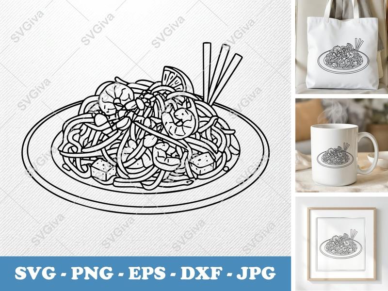 Pad Thai SVG, Modern Noodle Dish, Shrimp & Lime, Food Cut File for Cricut, Silhouette, PNG, EPS, DXF Instant Download