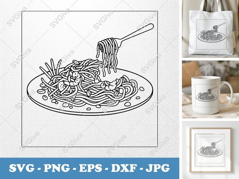 Pad Thai SVG, Modern Noodle Dish with Shrimp, Fork, Food Clip Art, PNG EPS DXF for Cricut, Silhouette, Kitchen Decor