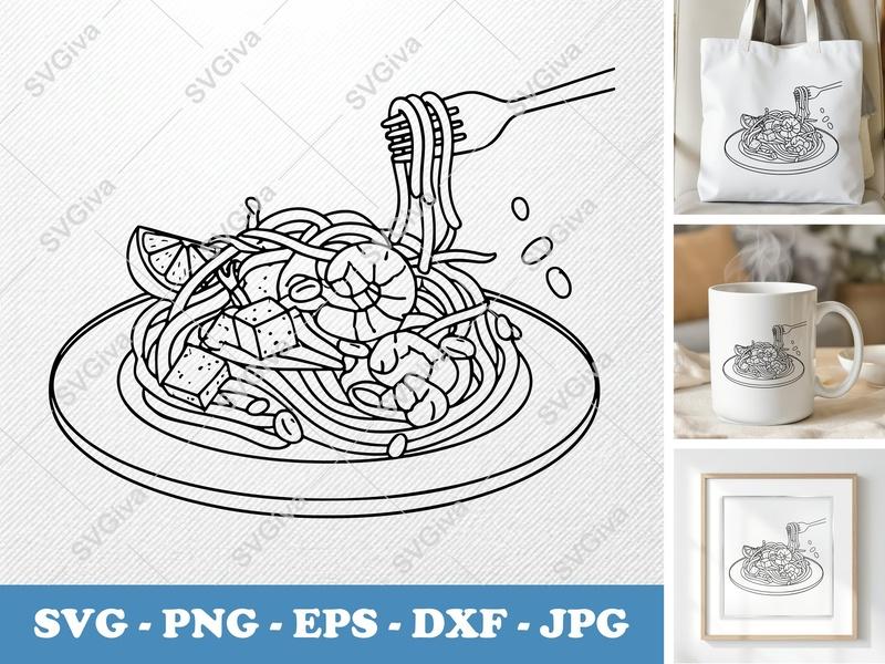 Pad Thai SVG, Modern Noodle Dish with Shrimp & Tofu, PNG EPS DXF for Cricut, Silhouette, Food Clip Art, Kitchen Decor