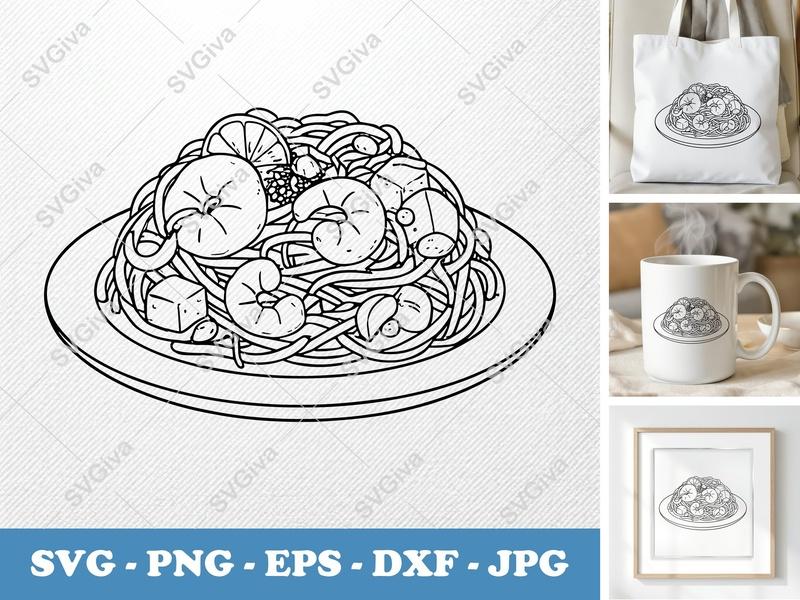 Pad Thai SVG, Noodle Dish Cut File with Shrimp & Tofu | PNG EPS DXF for Cricut, Silhouette | Food Clipart Vector