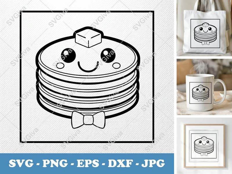 Pancakes SVG | Cute Kawaii Stack with Butter & Bowtie | PNG EPS DXF | Cricut Silhouette Cut File