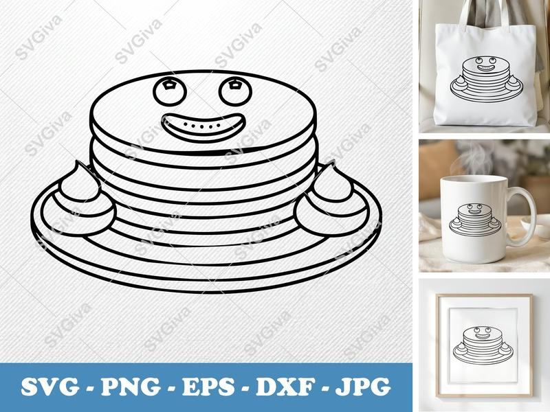 Pancakes SVG | Happy Stacked Pancakes with Butter | PNG EPS DXF | Cricut Silhouette Cut File | Breakfast Food Clipart