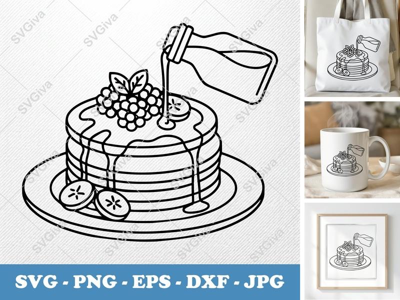 Pancakes SVG, Modern Stack with Syrup & Berries, Breakfast Food PNG EPS DXF for Cricut, Silhouette