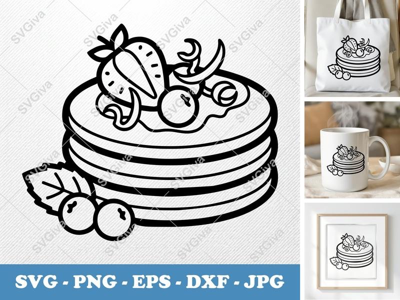 Pancakes SVG | Stack with Berries, Strawberry, Modern Clean Design | PNG EPS DXF for Cricut & Silhouette