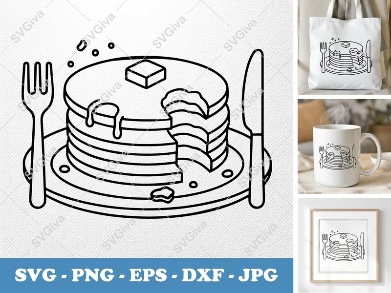 Pancakes SVG, Stack with Butter & Syrup, Fork Knife Plate | PNG EPS DXF for Cricut Silhouette