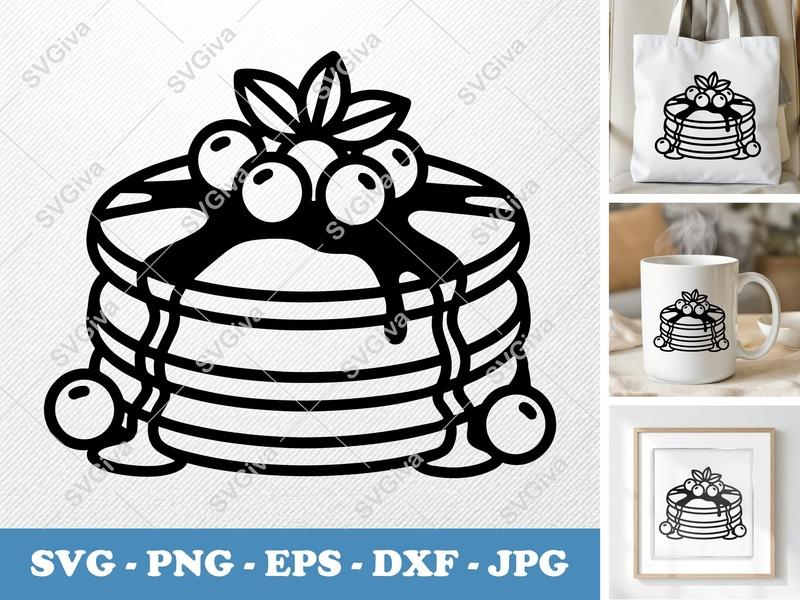 Pancakes SVG, Stack with Syrup & Berries | Modern Breakfast Food PNG EPS DXF | Cricut Silhouette Cut File