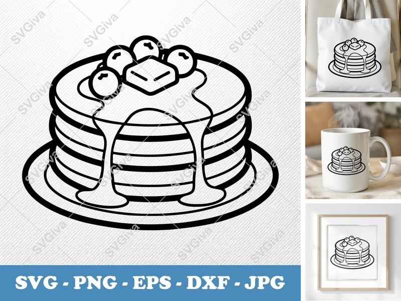 Pancakes SVG | Stack with Syrup, Butter, Berries | PNG EPS DXF Cut File for Cricut, Silhouette | Modern Breakfast Food Clipart
