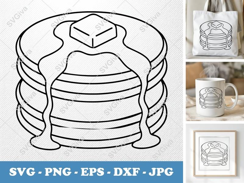 Pancakes SVG, Stacked Pancakes with Butter & Syrup, Line Art Outline, Food Cut File for Cricut, Silhouette, PNG EPS DXF