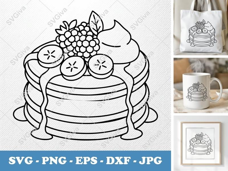 Pancakes with Garnish SVG | Minimalist Bold Contour | PNG DXF EPS | Cricut Silhouette Cut File