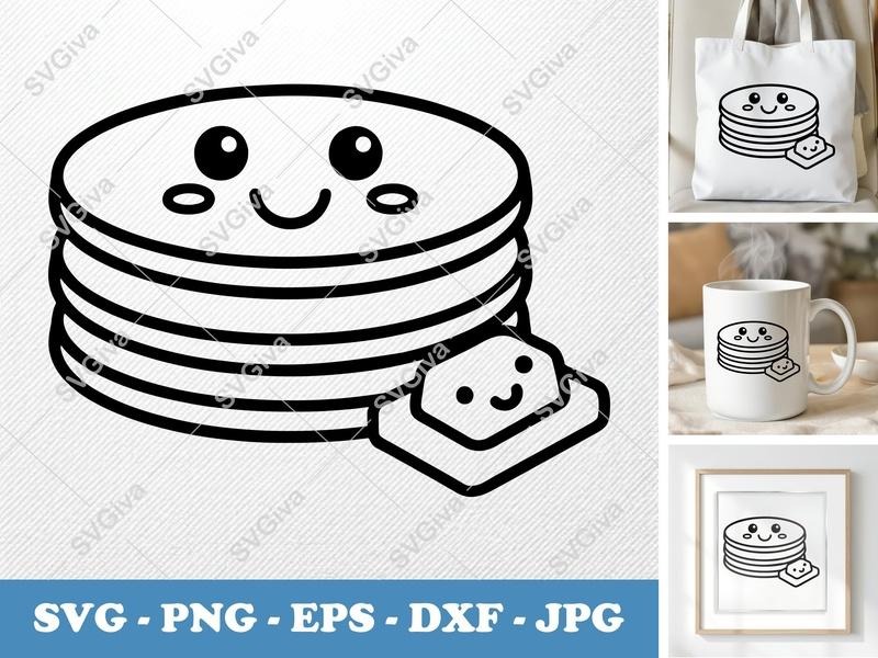 Pancakes with Smiling Face SVG, Kawaii Minimalist Design | PNG DXF EPS Cut File for Cricut Silhouette