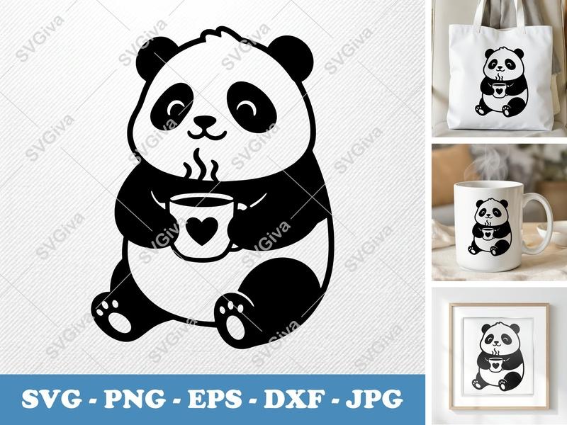 Panda Coffee SVG, Cute Panda with Mug PNG, EPS, DXF | Modern Animal Cut File for Cricut, Silhouette | Bear Clipart