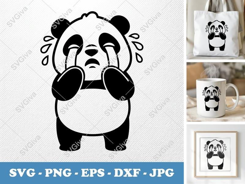 Panda Crying SVG | Sad Bear Clipart | Tears Vector | Black & White Cut File for Cricut, Silhouette | PNG EPS DXF