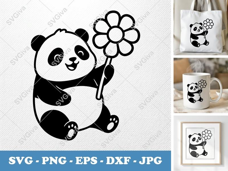 Panda Holding Flower SVG | Cute Outline Clipart, Modern Animal Design, PNG EPS DXF for Cricut, Silhouette Cut File