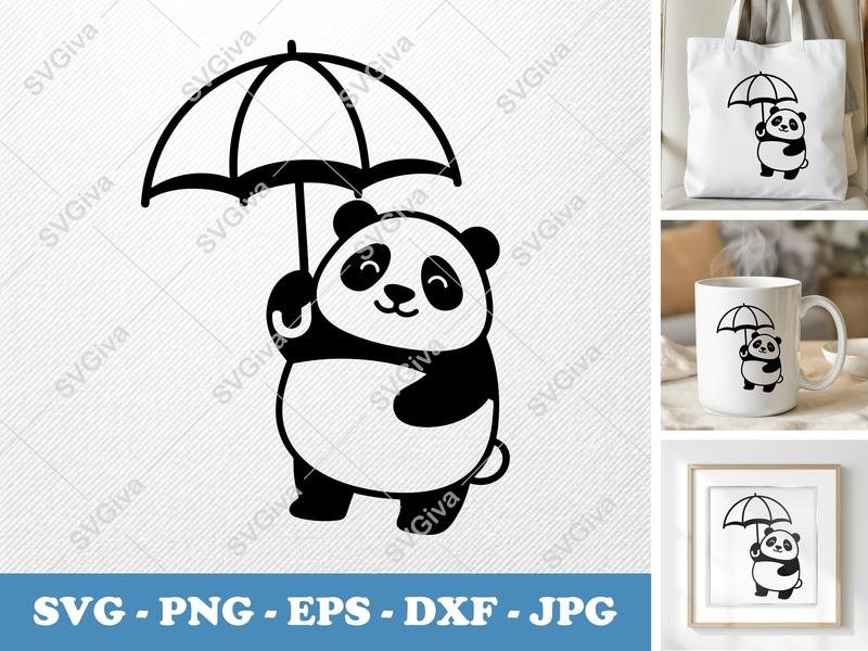 Panda Holding Umbrella SVG | Friendly Rounded Body Bean-Shaped Cut File | PNG DXF EPS for Cricut Silhouette