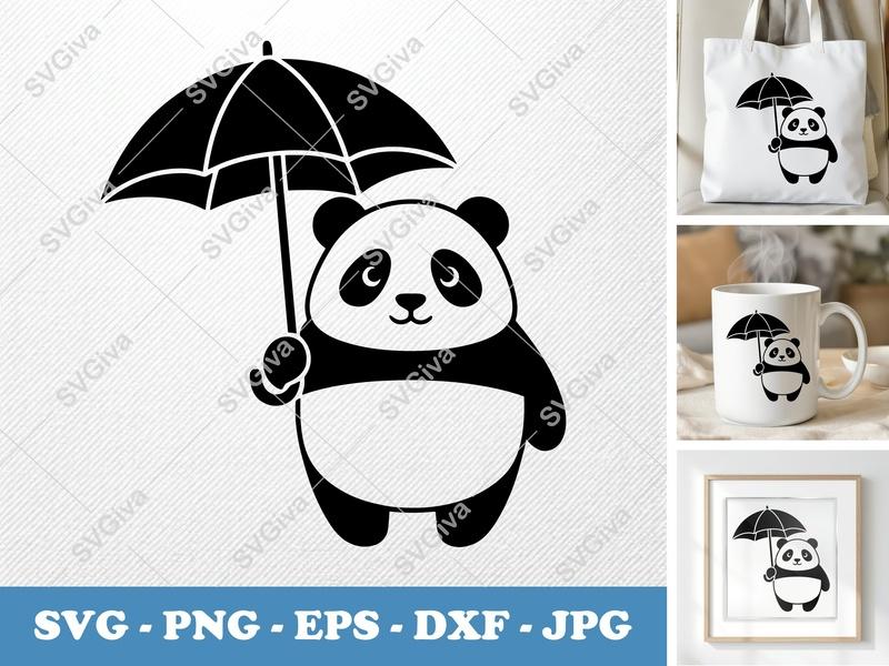 Panda Holding Umbrella SVG | Puffy Soft Forms PNG DXF EPS | Cricut Silhouette Cut File