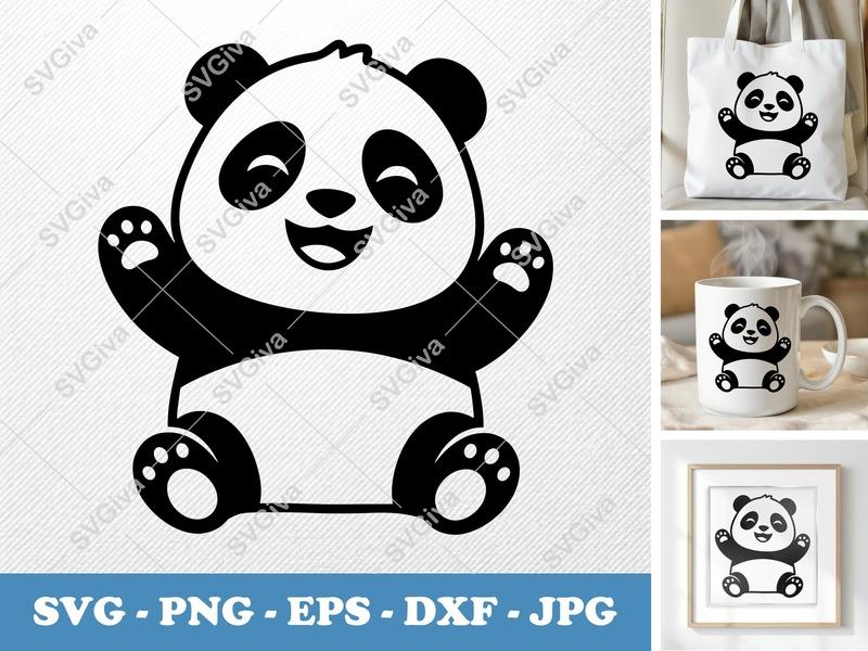 Panda Hugging SVG | Cute Happy Bear PNG DXF EPS | Modern Animal Cut File for Cricut, Silhouette | Kid's Design
