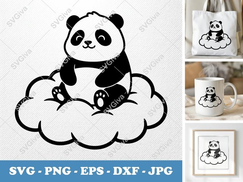 Panda on Cloud SVG | Cute Animal Cut File PNG EPS DXF | Cricut & Silhouette Design | Modern Bear Clipart for Crafts