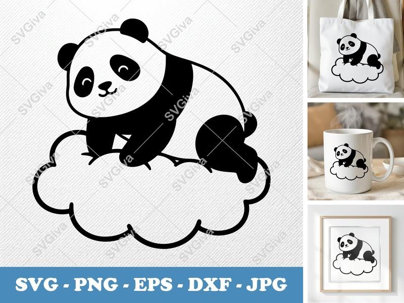 Panda on Cloud SVG | Cute Kawaii Bear Design | PNG EPS DXF for Cricut, Silhouette | Baby Nursery Animal Clipart Vector