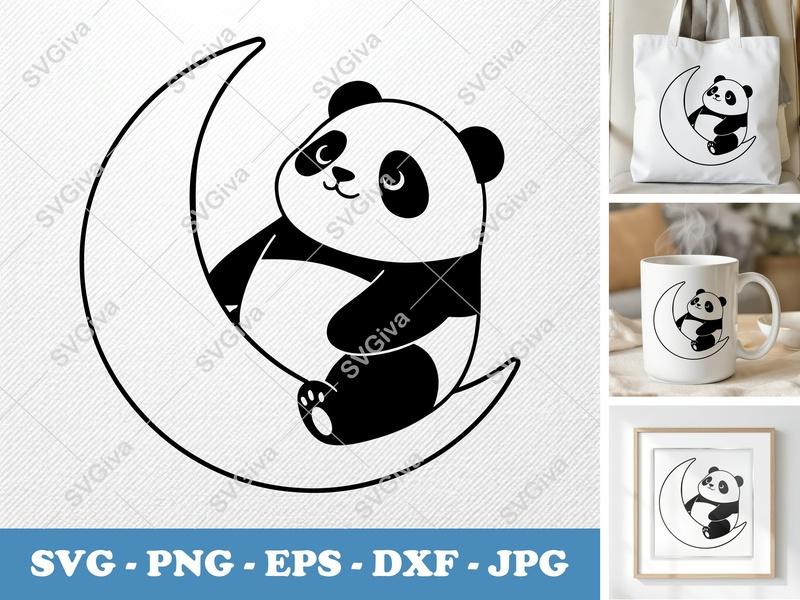 Panda on Moon SVG | Cute Animal Cut File | Nursery Decor PNG EPS DXF | Cricut Silhouette Design | Baby Panda Clipart