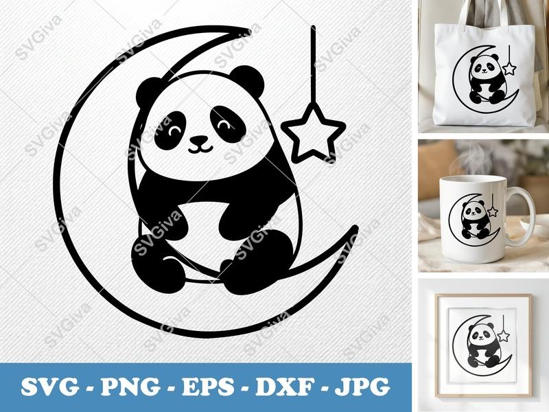 Panda on Moon SVG | Cute Bear with Star PNG, EPS, DXF | Cricut & Silhouette Cut File | Nursery Decor Animal Clipart