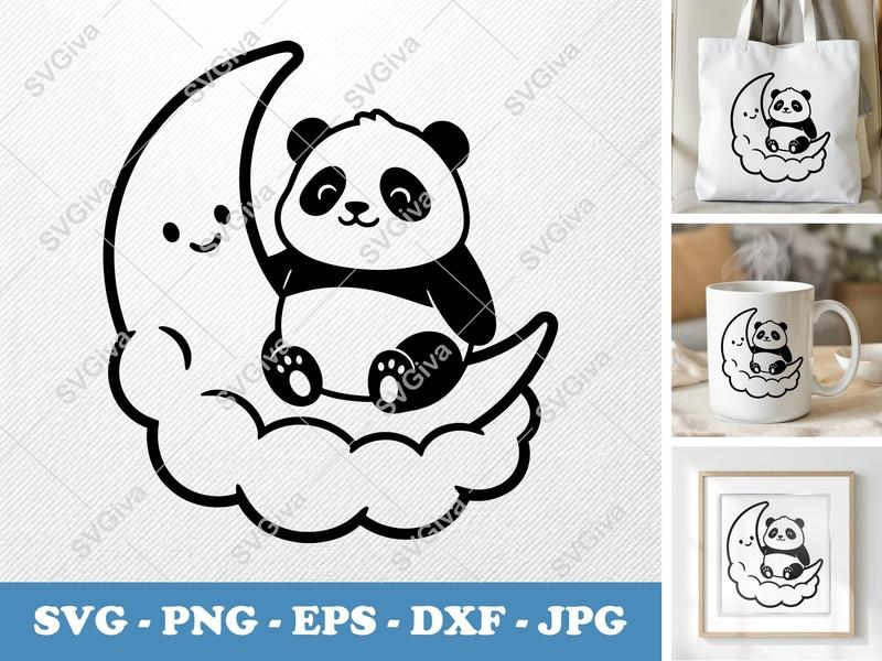Panda on Moon SVG | Cute Celestial Baby Animal PNG, EPS, DXF | Cricut & Silhouette Cut File | Modern Nursery Decor