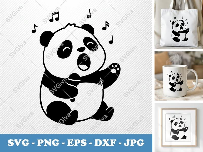Panda Singing SVG, Cute Bear with Microphone PNG, EPS, DXF | Music Notes Clip Art for Cricut, Silhouette Cut File Design