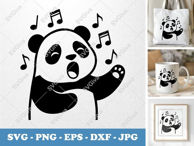 Panda Singing SVG | Cute Bear with Music Notes | Digital Cut File for Cricut, Silhouette | PNG, EPS, DXF Instant Download