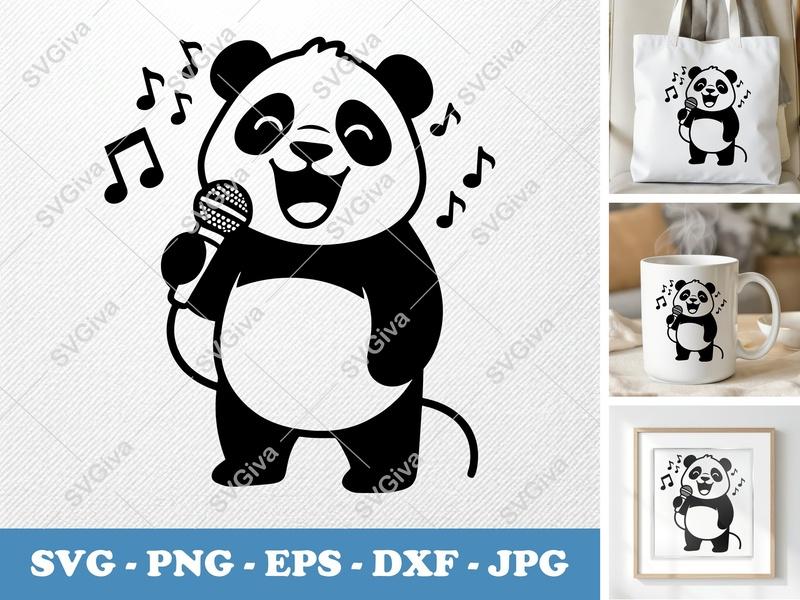 Panda Singing SVG | Cute Karaoke Bear with Microphone, Music Notes | PNG EPS DXF | Cricut Silhouette File, Animal Clipart