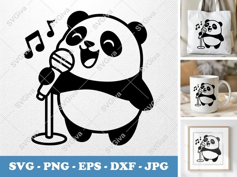 Panda Singing SVG, Cute Singing Panda with Microphone | PNG EPS DXF | Cricut & Silhouette Cut File, Modern Animal Clipart