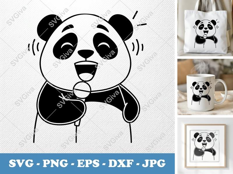 Panda Singing SVG, Karaoke Clipart, Happy Bear Outline | PNG EPS DXF | Cricut Silhouette Cut File, Modern Animal Design