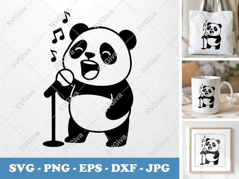 Panda Singing SVG, Microphone Music Notes PNG, EPS, DXF | Cute Animal Clipart for Cricut, Silhouette, Decals, T-Shirts