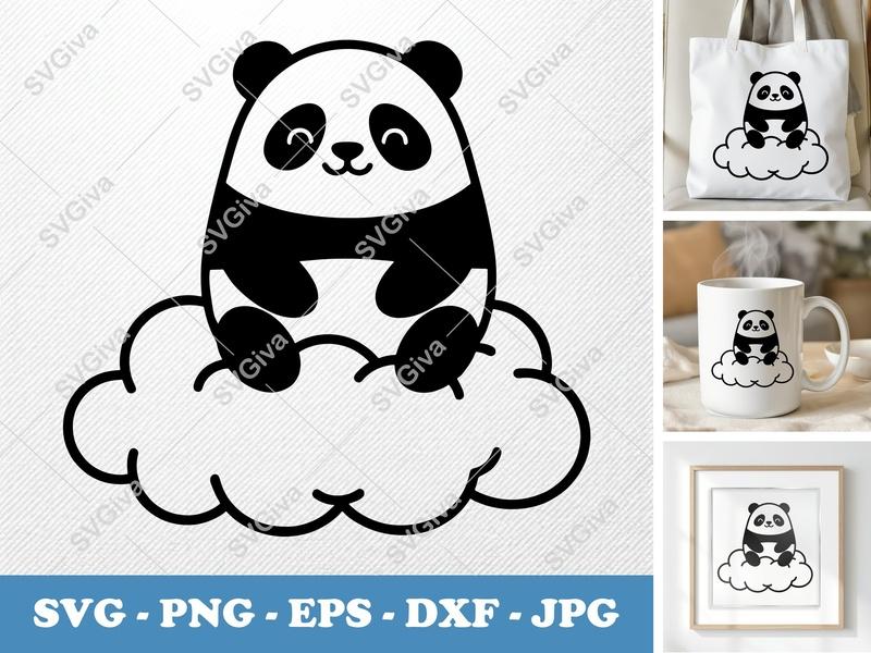 Panda Sitting on Cloud SVG | Puffy Soft Shapes | Inflated Pillow Art | PNG DXF EPS | Cricut Silhouette File