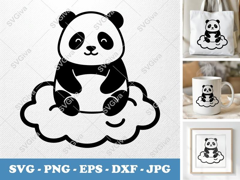 Panda Sitting on Cloud SVG | Rounded Bean-Shaped Design | Friendly Animal Cut File for Cricut, Silhouette | PNG DXF EPS Vector