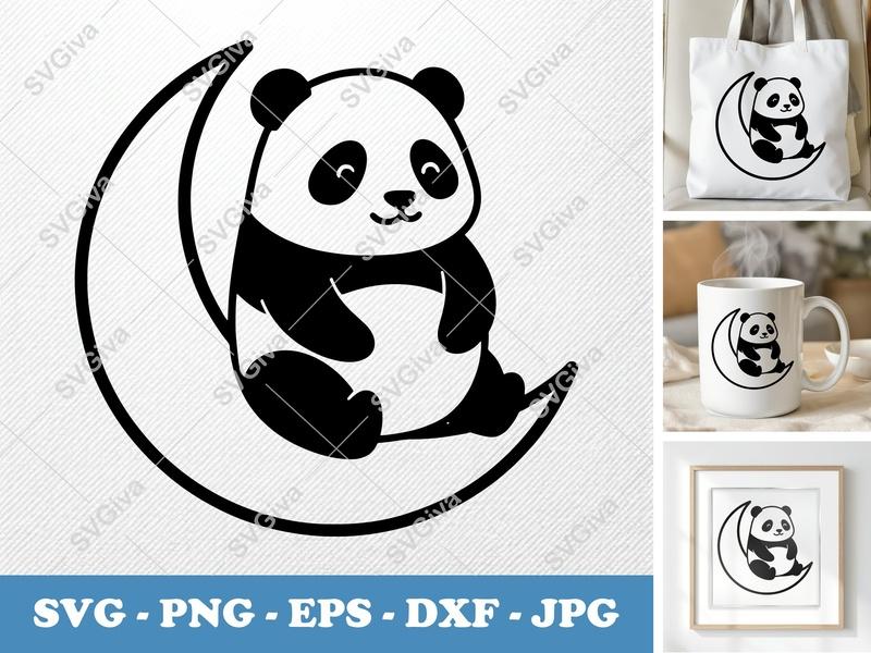 Panda Sitting on Moon SVG | Friendly Rounded Bean-Shaped Cut File | PNG DXF EPS for Cricut Silhouette