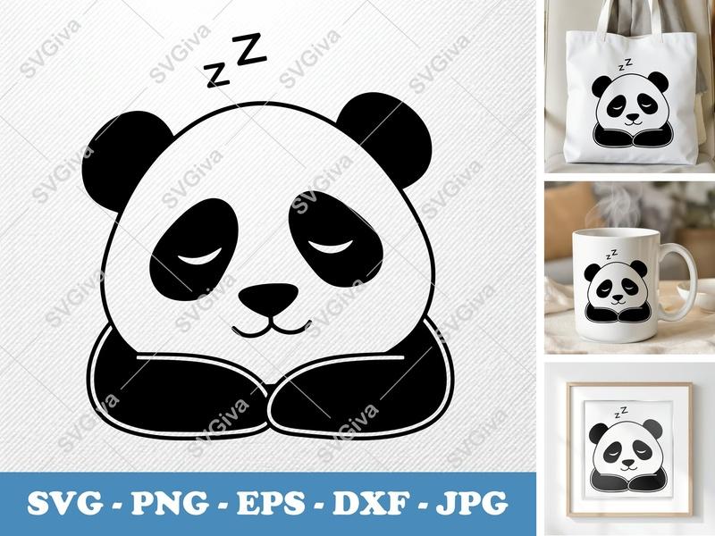 Panda Sleeping SVG, Cute Napping Bear PNG, EPS, DXF Cut File for Cricut & Silhouette, Modern Animal Clipart