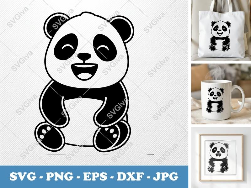 Panda Smiling Happily SVG | Geometric Double-Outline | Thick Contour, Thin Lines | PNG DXF EPS | Cricut Silhouette File