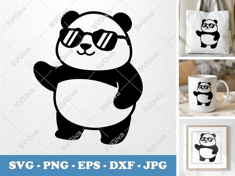 Panda Sunglasses SVG | Cool Panda Cut File for Cricut & Silhouette | Modern Animal Design PNG EPS DXF | Waving Panda Clipart