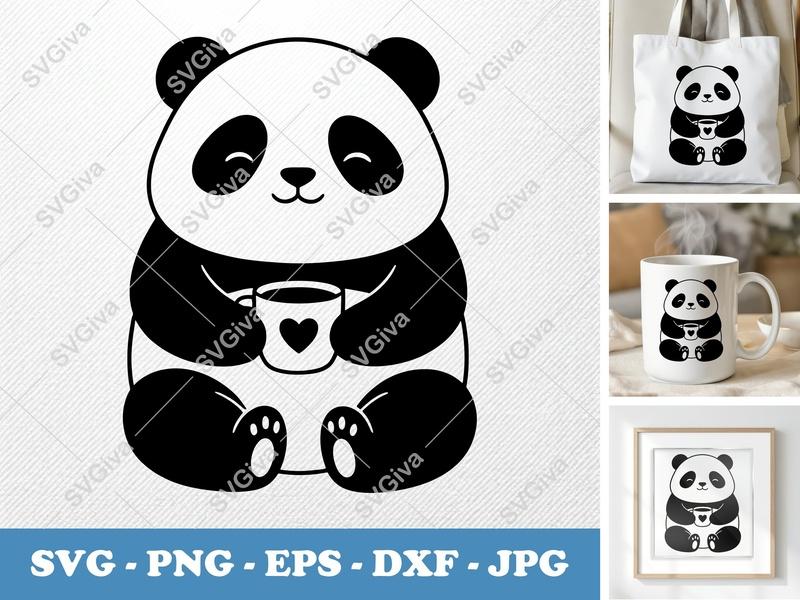 Panda SVG, Cute Panda with Coffee Mug, Modern Outline Design | PNG, EPS, DXF for Cricut & Silhouette Cut Files
