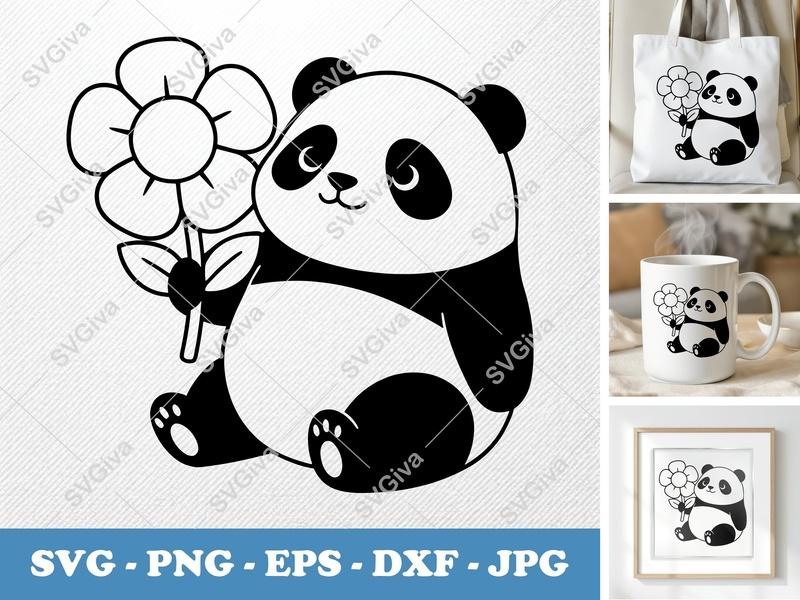 Panda SVG, Cute Panda with Flower, Modern Clean Design, PNG EPS DXF for Cricut & Silhouette, Baby Panda Clip Art