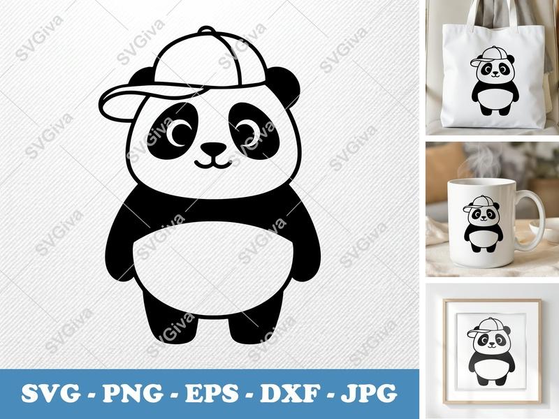 Panda SVG, Cute Panda with Hat, Modern Animal Clipart, Digital Download PNG EPS DXF for Cricut & Silhouette