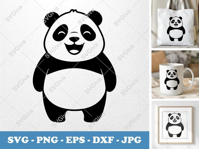 Panda SVG | Happy Cartoon Panda Cut File | Modern Animal Clipart | PNG EPS DXF for Cricut, Silhouette
