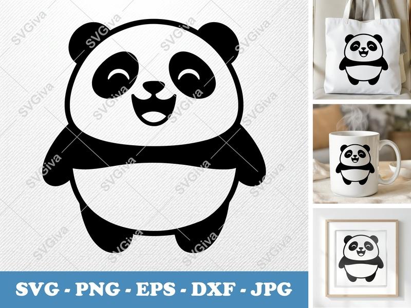 Panda SVG | Happy Cute Cartoon Panda Bear Cut File | PNG EPS DXF for Cricut & Silhouette | Kawaii Animal Vector Art