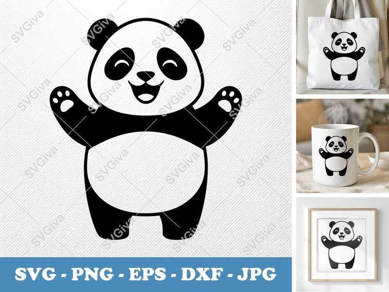 Panda SVG | Happy Waving Bear Cut File, Cute Animal Clipart | PNG, EPS, DXF for Cricut, Silhouette