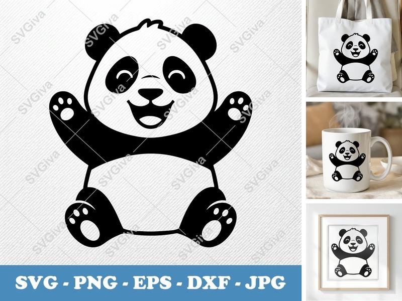 Panda SVG | Happy Waving Cute Animal Cut File | PNG EPS DXF for Cricut & Silhouette | Modern Bear Clipart