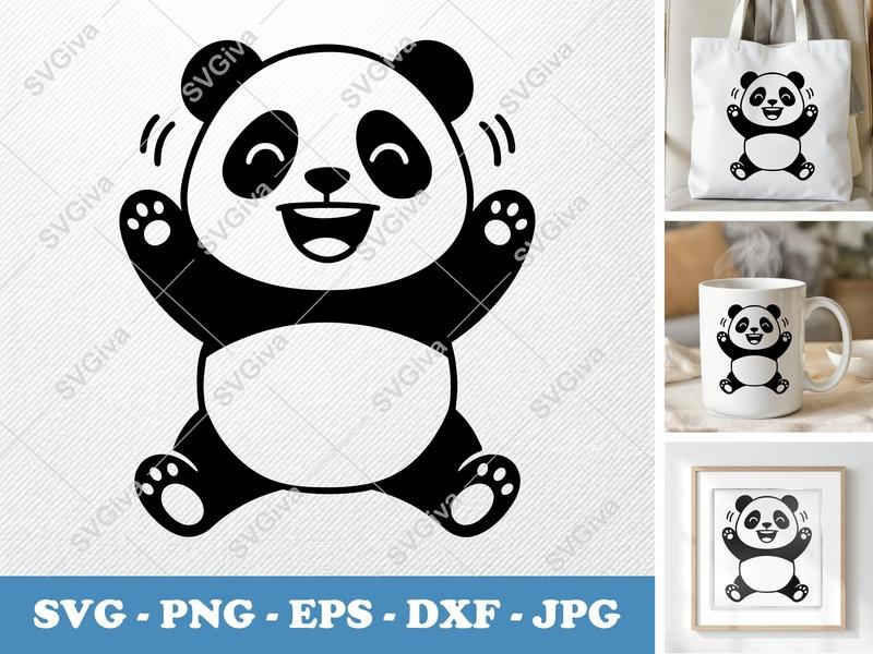 Panda SVG | Happy Waving Panda Cut File | Cute Bear Clipart | PNG EPS DXF for Cricut Silhouette Vinyl Decal