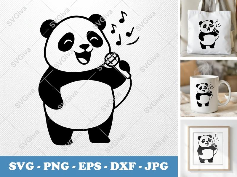 Panda SVG Singing, Cute Panda with Microphone, Music Notes, Cricut Silhouette Cut File, PNG, EPS, DXF, Vector Clipart