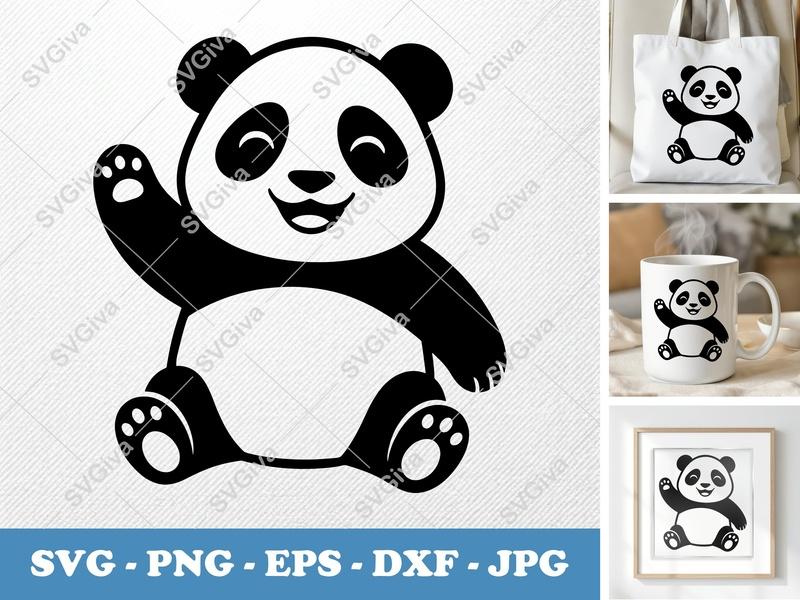Panda SVG | Waving Happy Panda Cut File | Cute Bear Clipart | PNG EPS DXF for Cricut, Silhouette, Vinyl Decal, T-Shirt Design