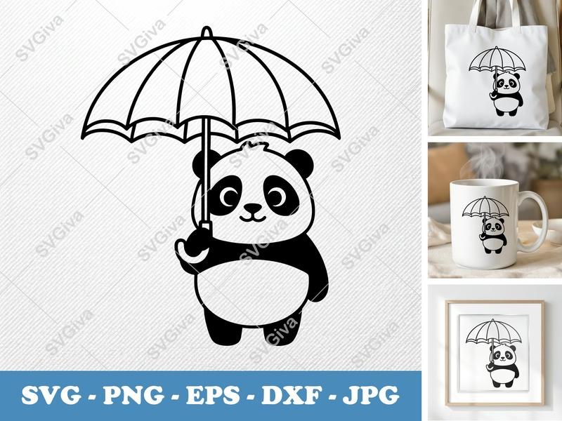Panda Umbrella SVG, Cute Bear Cut File, Modern Animal Clipart | PNG EPS DXF for Cricut, Silhouette, Digital Download