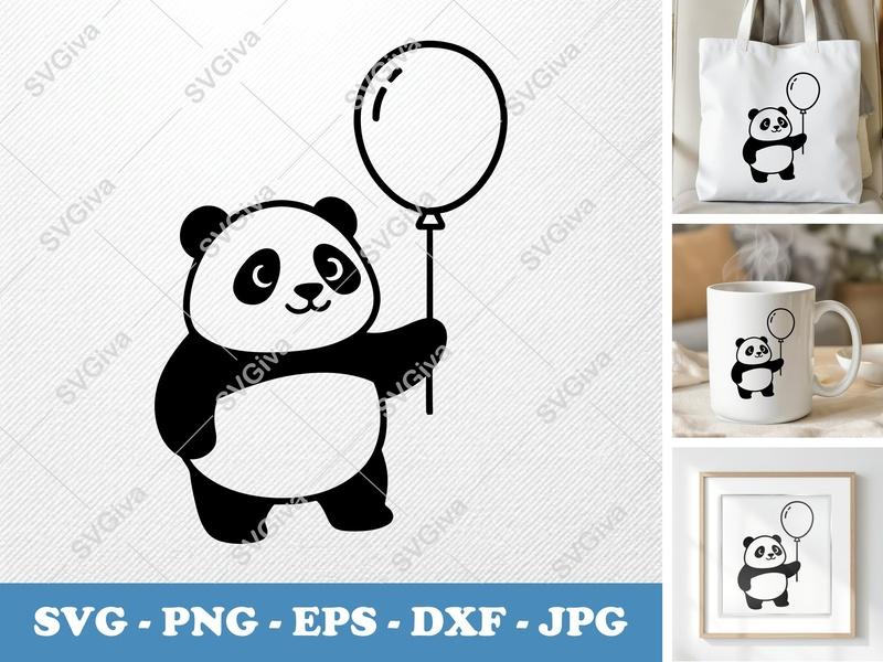 Panda with Balloon SVG | Cute Animal Cut File | Clipart PNG EPS DXF for Cricut & Silhouette | Modern Baby Shower Design